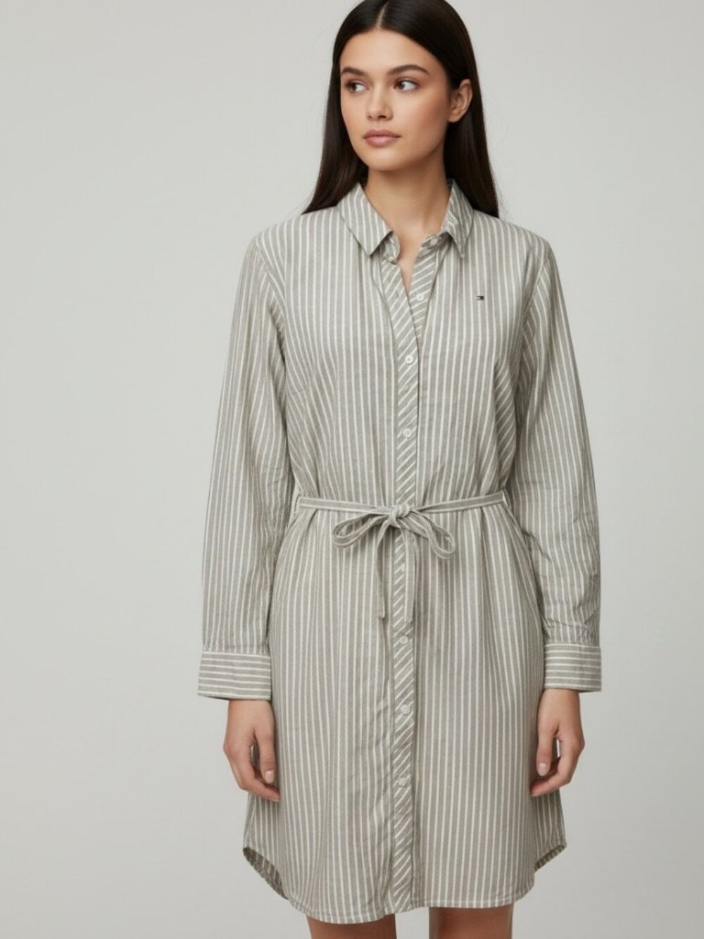 Tommy Hilfiger Beige and White Striped Midi Shirt Dress